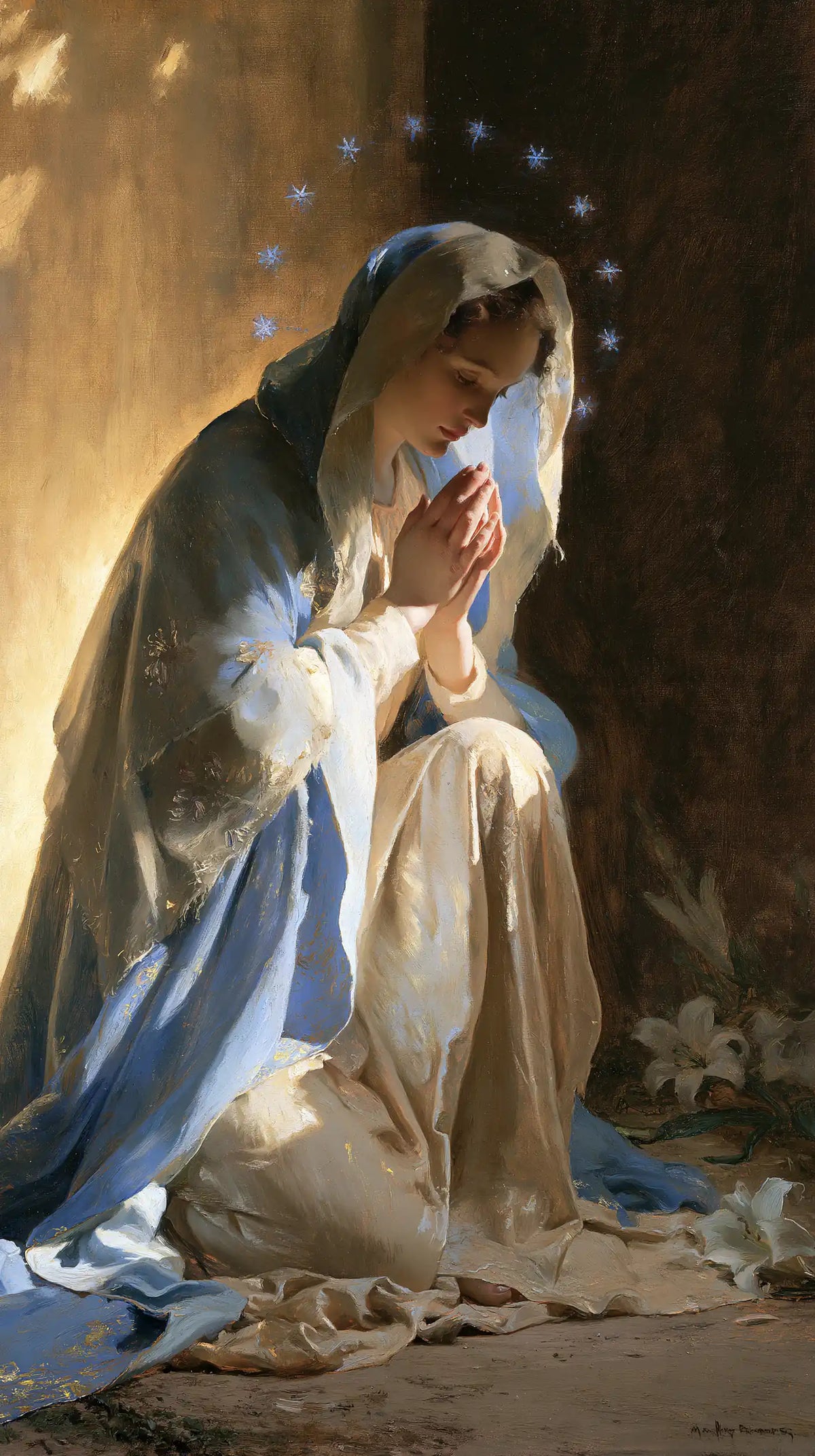 Virgin Mary in Prayer — The Crown of Blue Lights