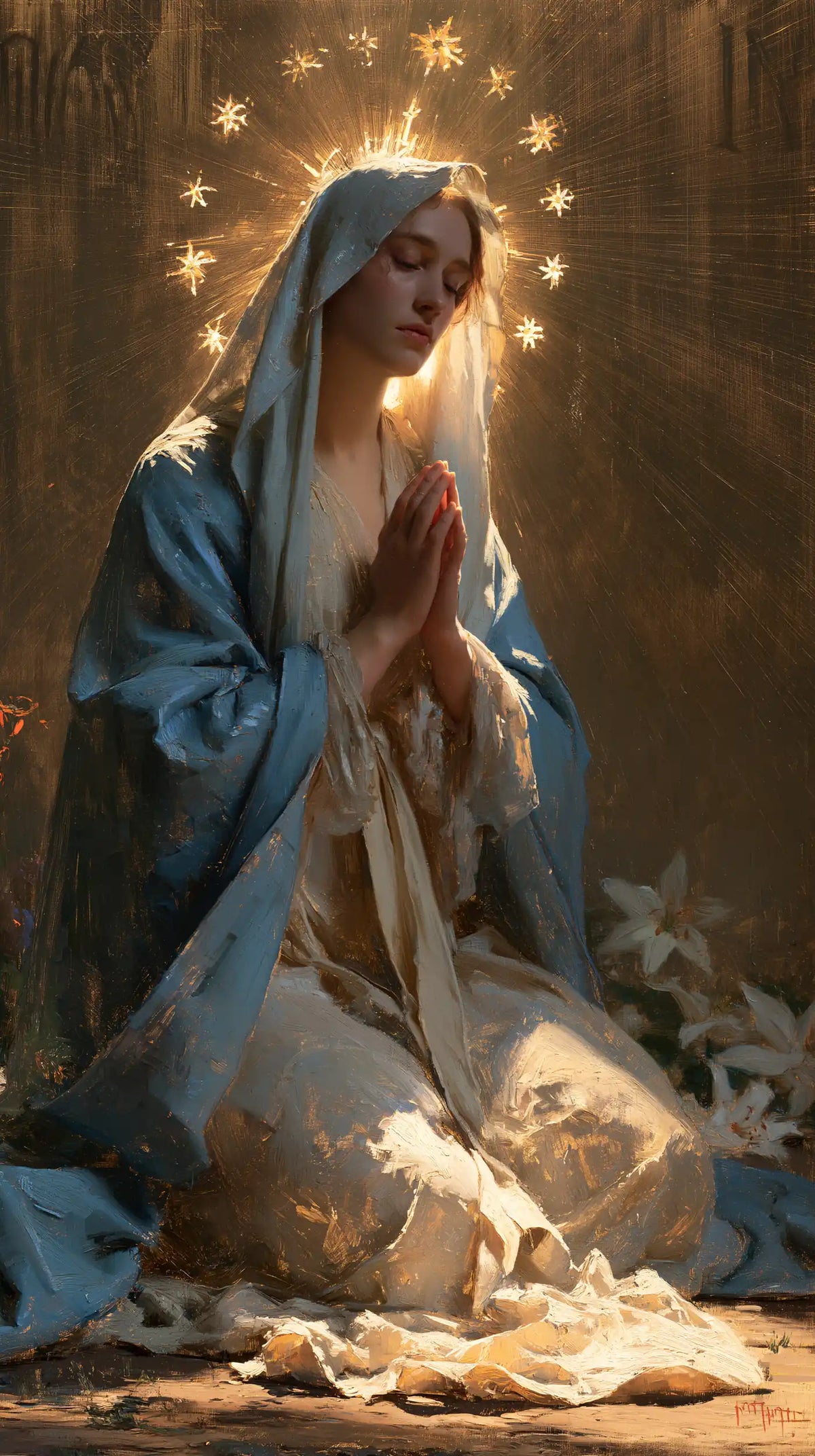 Virgin Mary in Prayer — Beneath the Crown of Stars
