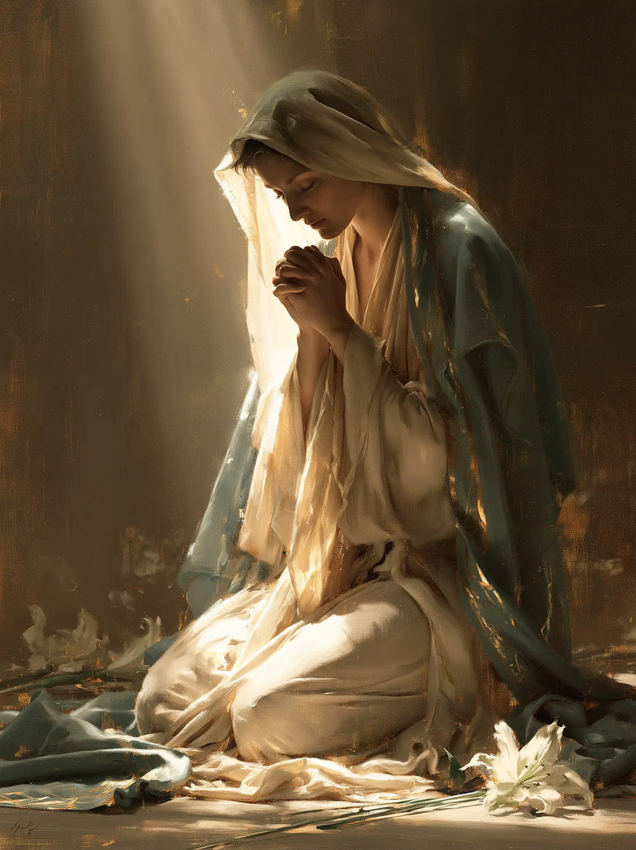 the Virgin Mary in prayer in Symbolist style, portrait Christian artwork no. 38