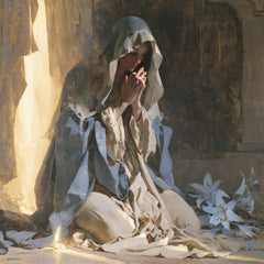 Virgin Mary in Prayer — The Slate-Blue Veil and the Lilies