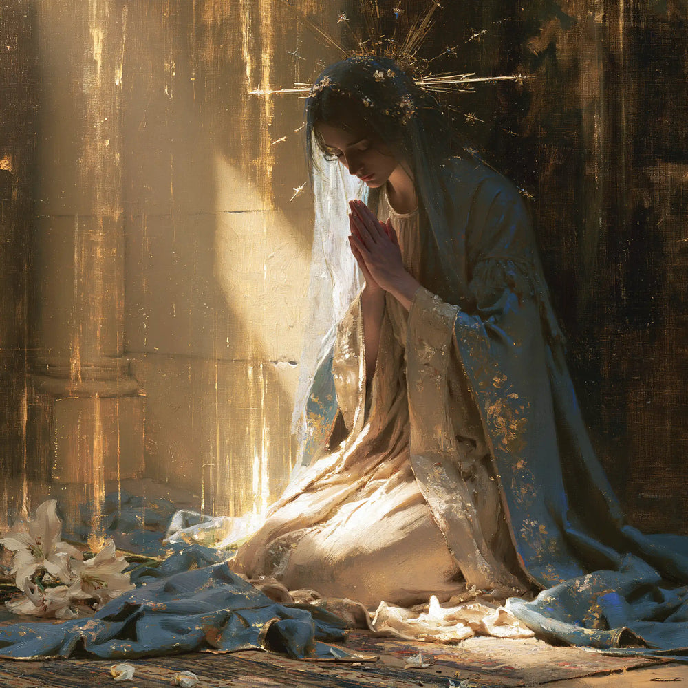 the Virgin Mary in prayer in Symbolist style, square Christian artwork no. 2