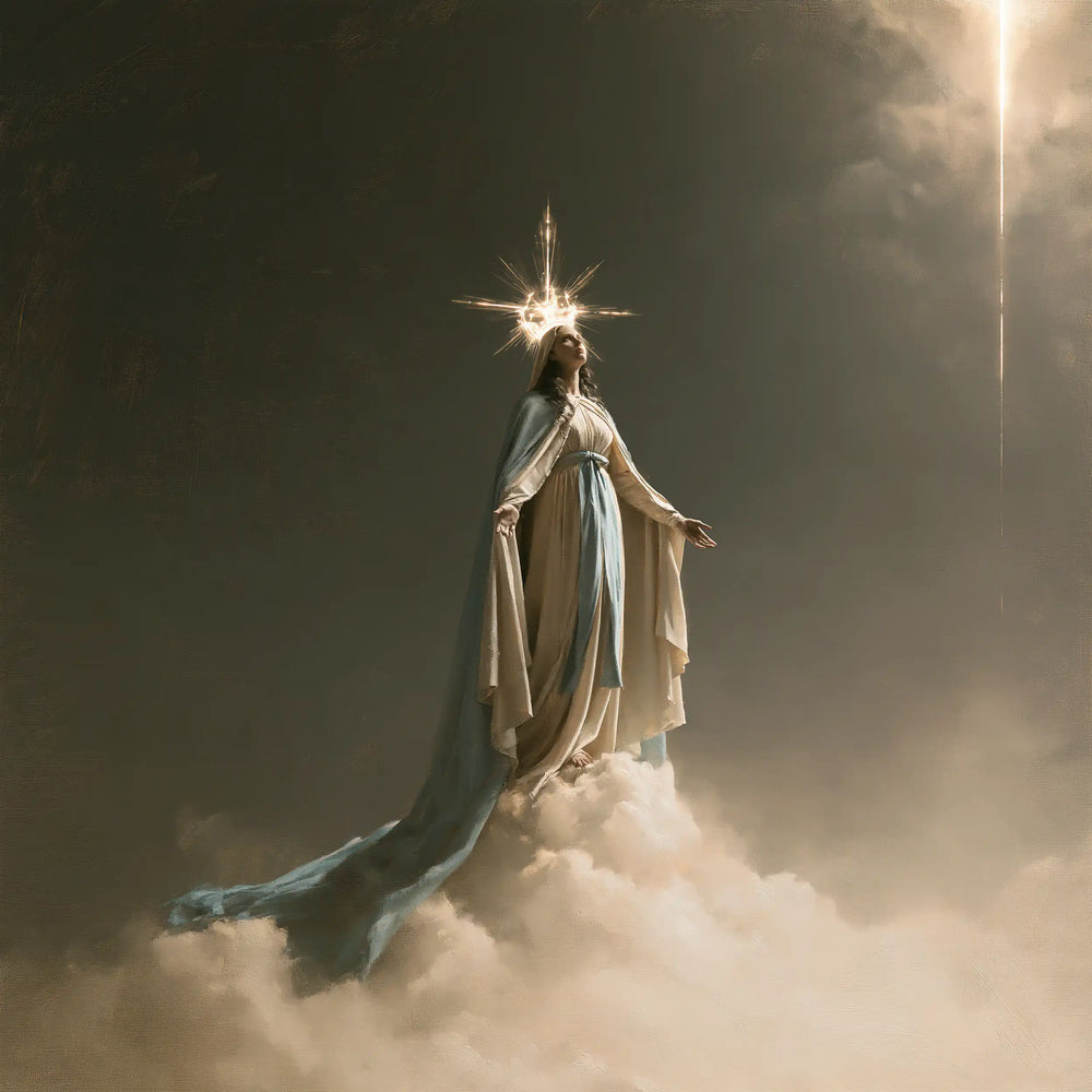 Mary as Queen of Heaven in a minimalist composition in Contemporary Minimalism style, square Christian artwork no. 6