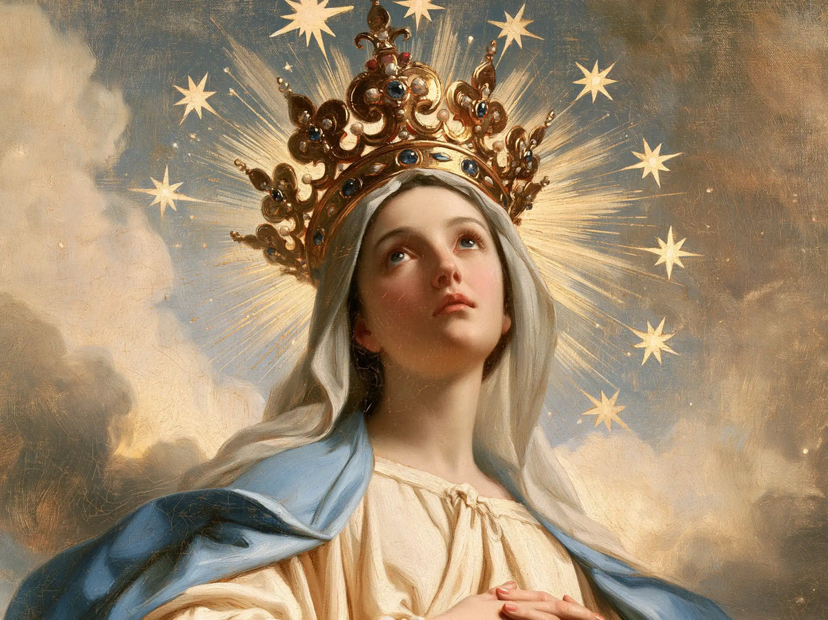 Mary with the heavenly crown as the central symbol in The Crown as Central Symbol style, landscape Christian artwork no. 5