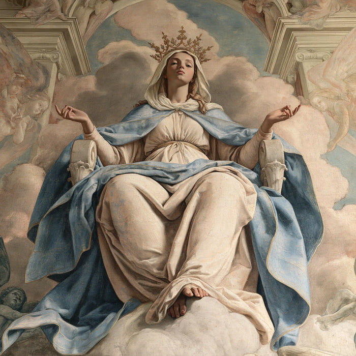 Mary, Queen of Heaven — Raised Palms Above Pale Knees