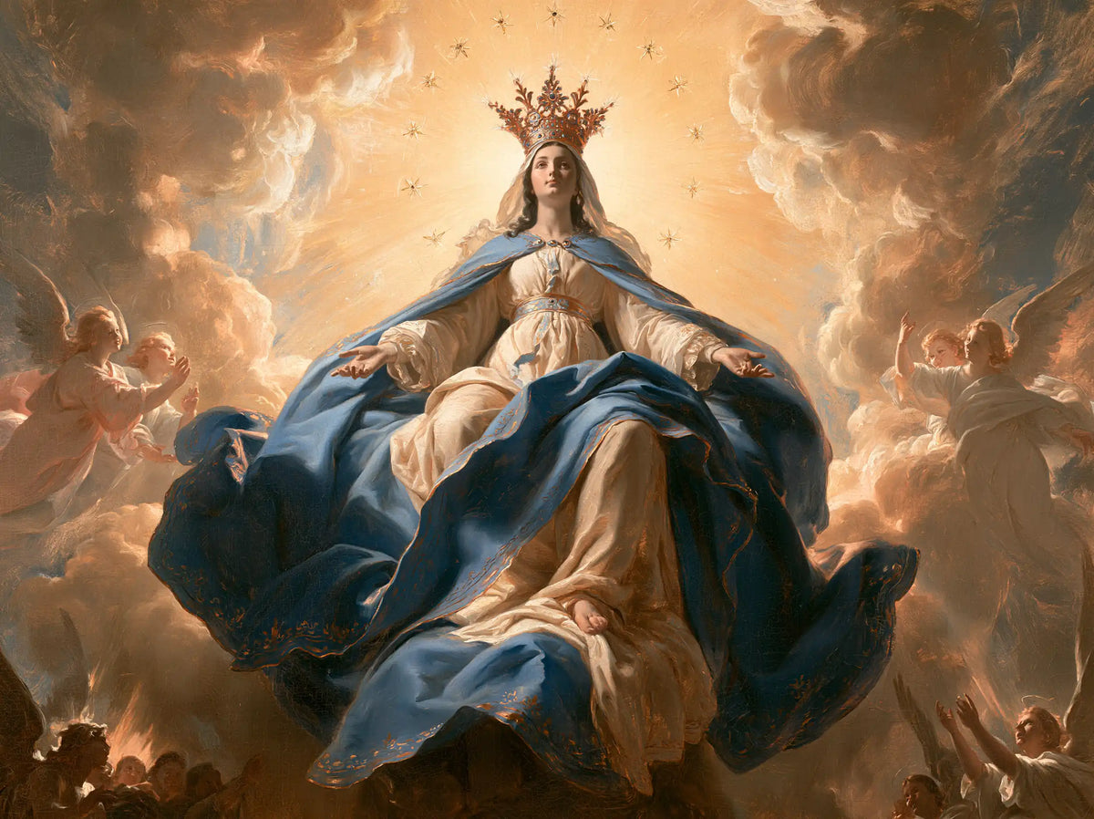 Mary glorified as Queen of Heaven in Heavenly Glory style, landscape Christian artwork no. 8