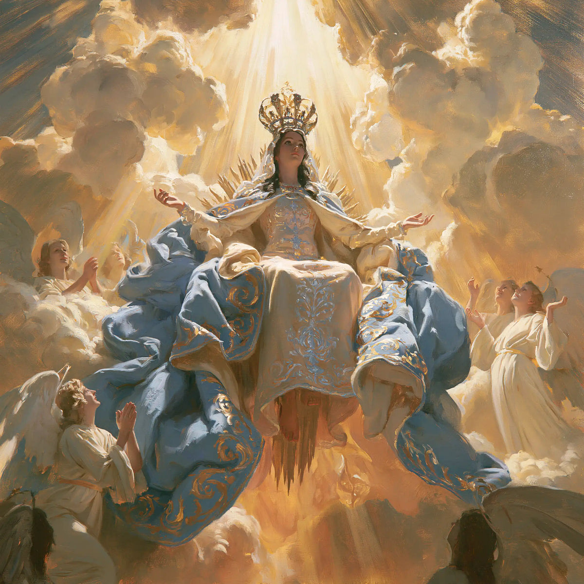 Mary glorified as Queen of Heaven in Heavenly Glory style, square Christian artwork no. 4