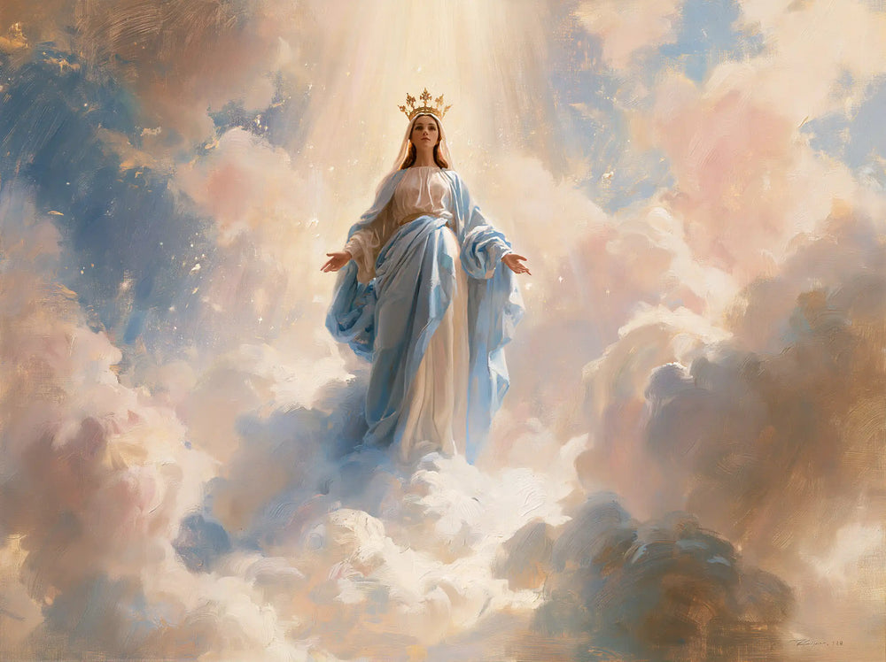 Mary as Queen of Heaven in an impressionist atmosphere in Impressionist style, landscape Christian artwork no. 2