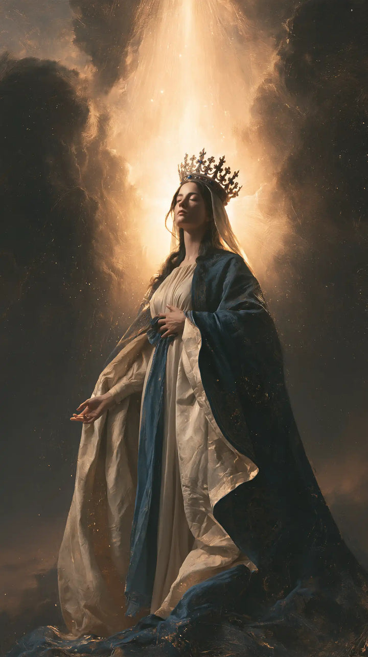 Mary, Queen of Heaven — The Royal Profile Before the Tall Flame