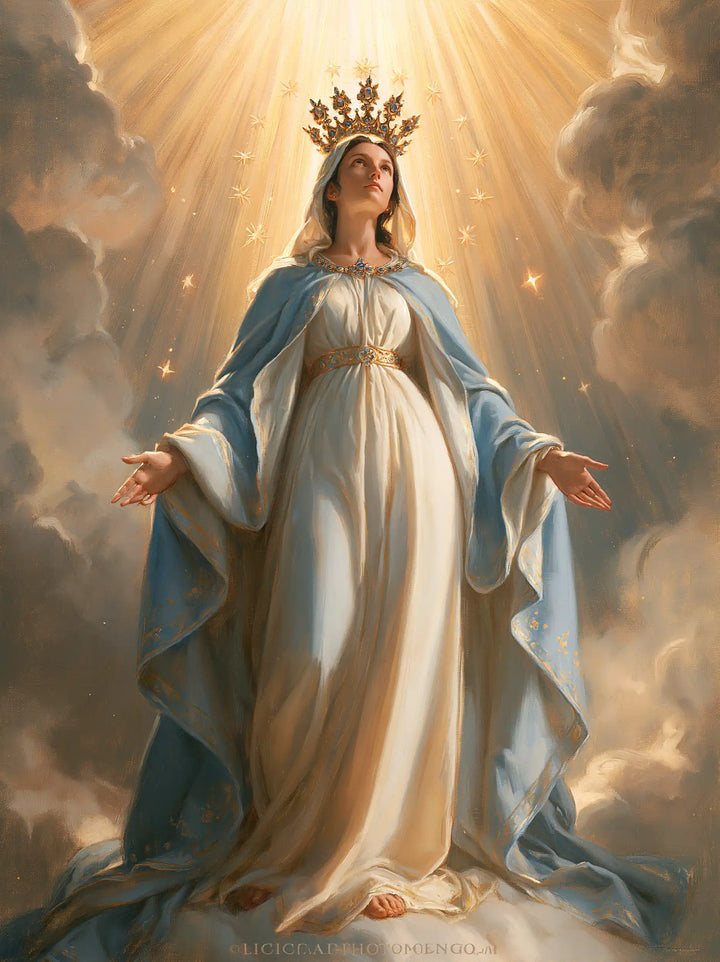 Mary, Queen of Heaven — The Gentle Gesture Between Columns of Cloud