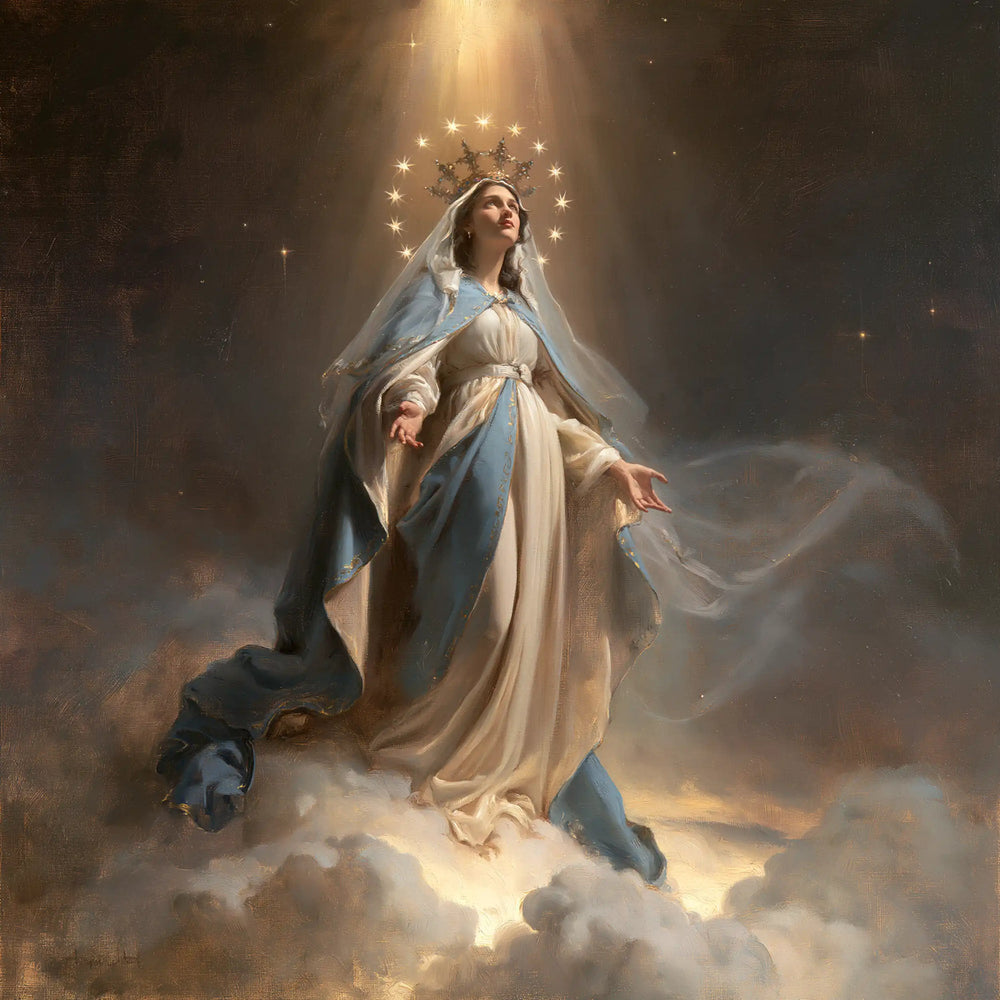 Mary as Queen of Heaven upon the clouds in Mary upon the Clouds style, square Christian artwork no. 2