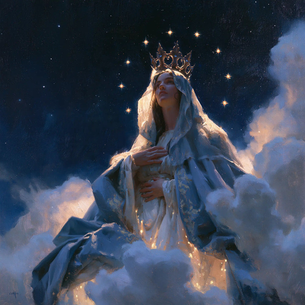 Mary as Queen of Heaven in midnight-blue chiaroscuro in Midnight Blue Chiaroscuro style, square Christian artwork no. 5