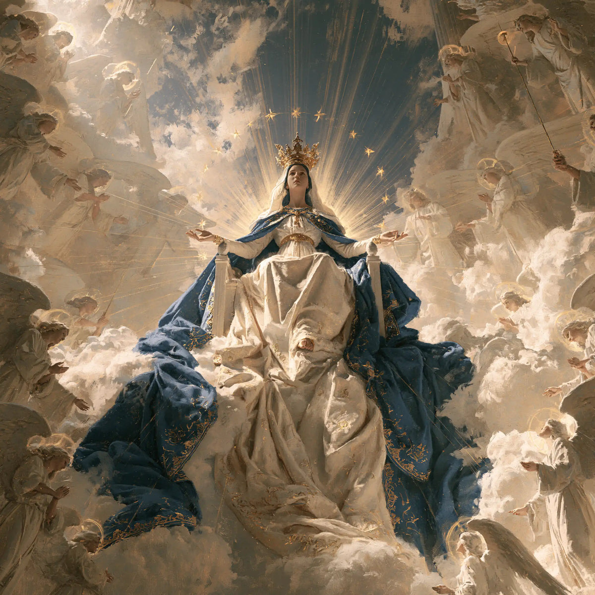 Mary as Queen of Heaven in a monumental sacred view in Sacred Monumental View style, square Christian artwork no. 1