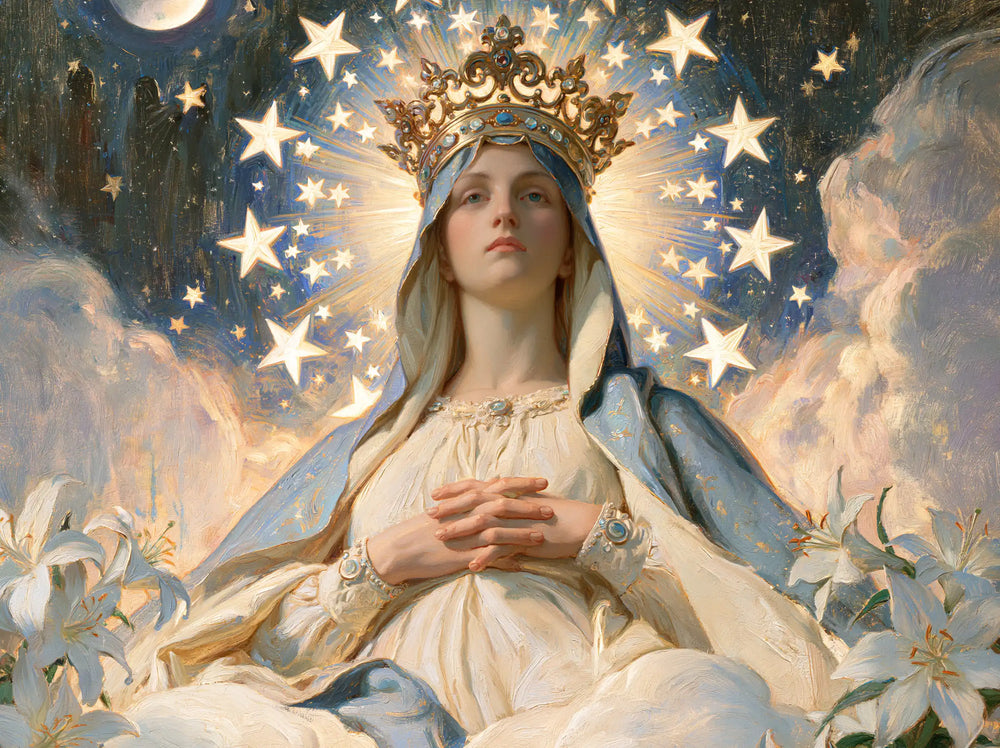 Mary as Queen of Heaven in a symbolist composition in Symbolist style, landscape Christian artwork no. 10