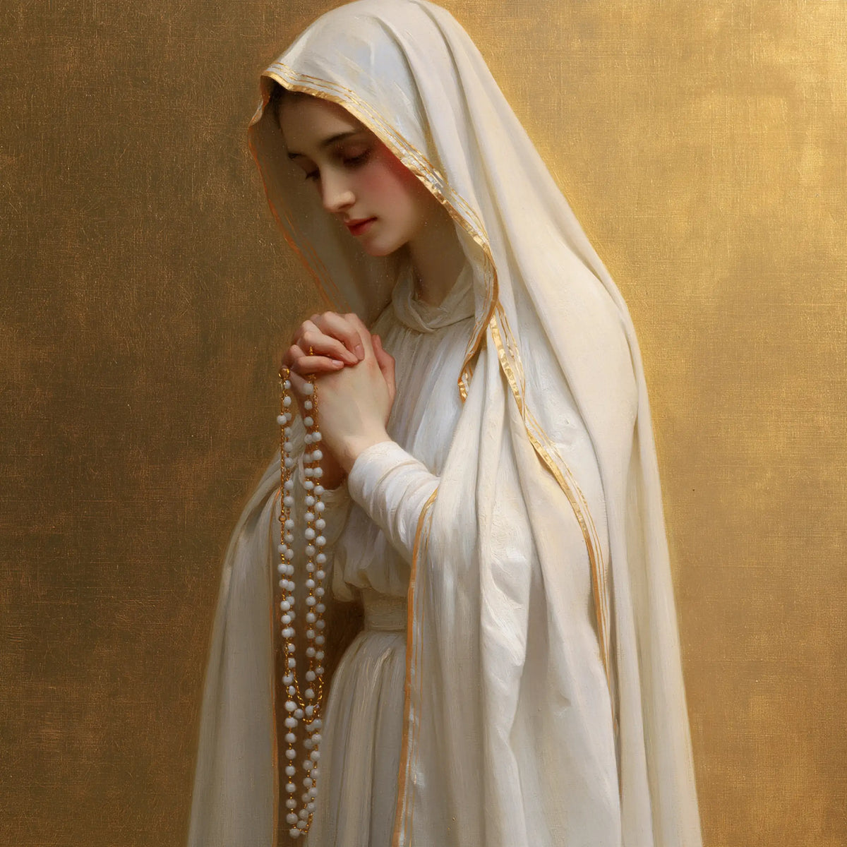 Our Lady of Fatima – White Mantle on Warm Gold