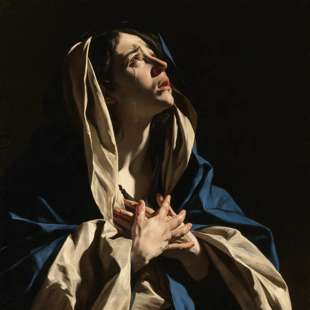 Our Lady of Sorrows in dramatic chiaroscuro in Caravaggio Tenebrism style, square Christian artwork no. 4