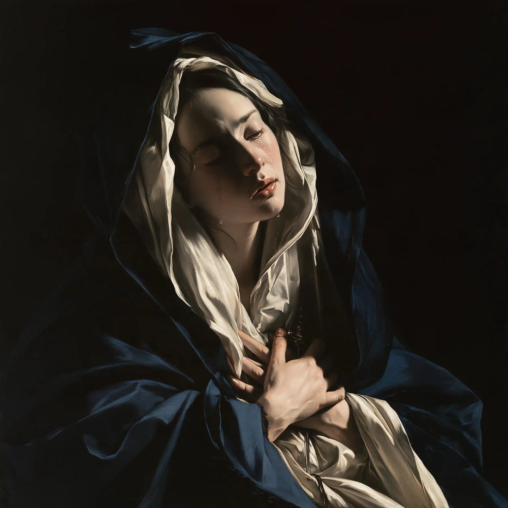 Our Lady of Sorrows in dramatic chiaroscuro in Caravaggio Tenebrism style, square Christian artwork no. 9
