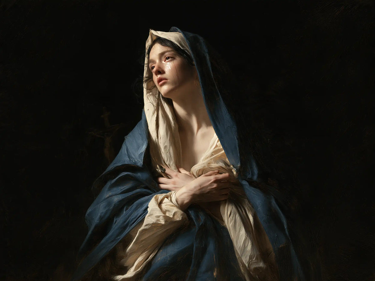 Mary as a light within sorrow in Mary as Light in Sorrow style, landscape Christian artwork no. 1