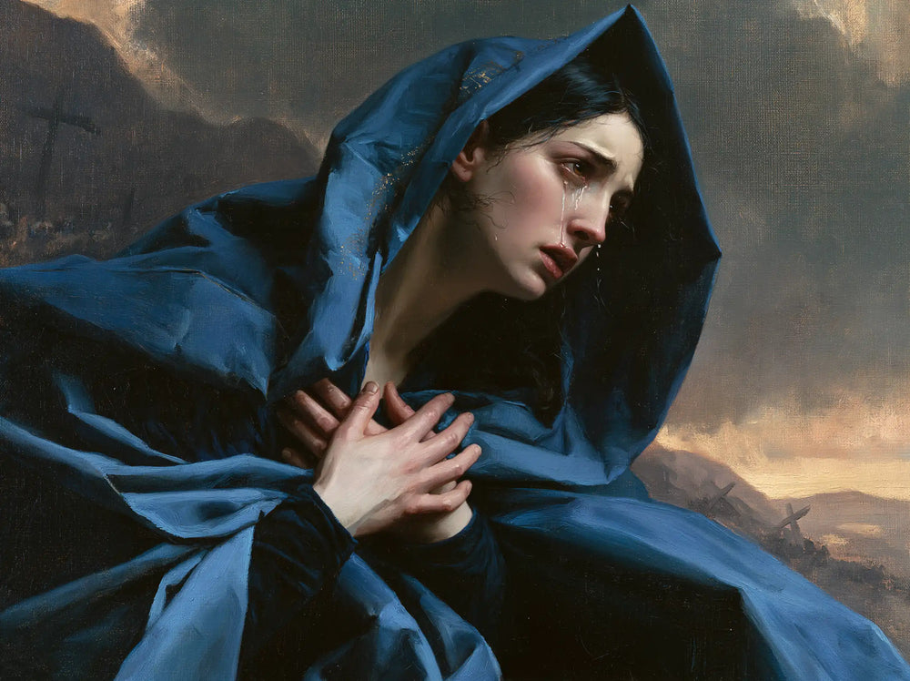 Mary experiencing profound maternal sorrow in Profound Maternal Sorrow style, landscape Christian artwork no. 1