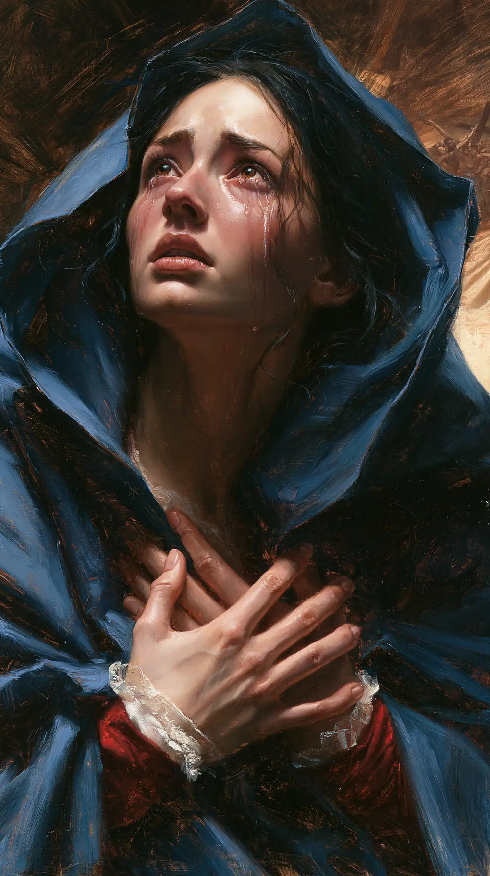 Mary experiencing profound maternal sorrow in Profound Maternal Sorrow style, portrait Christian artwork no. 7