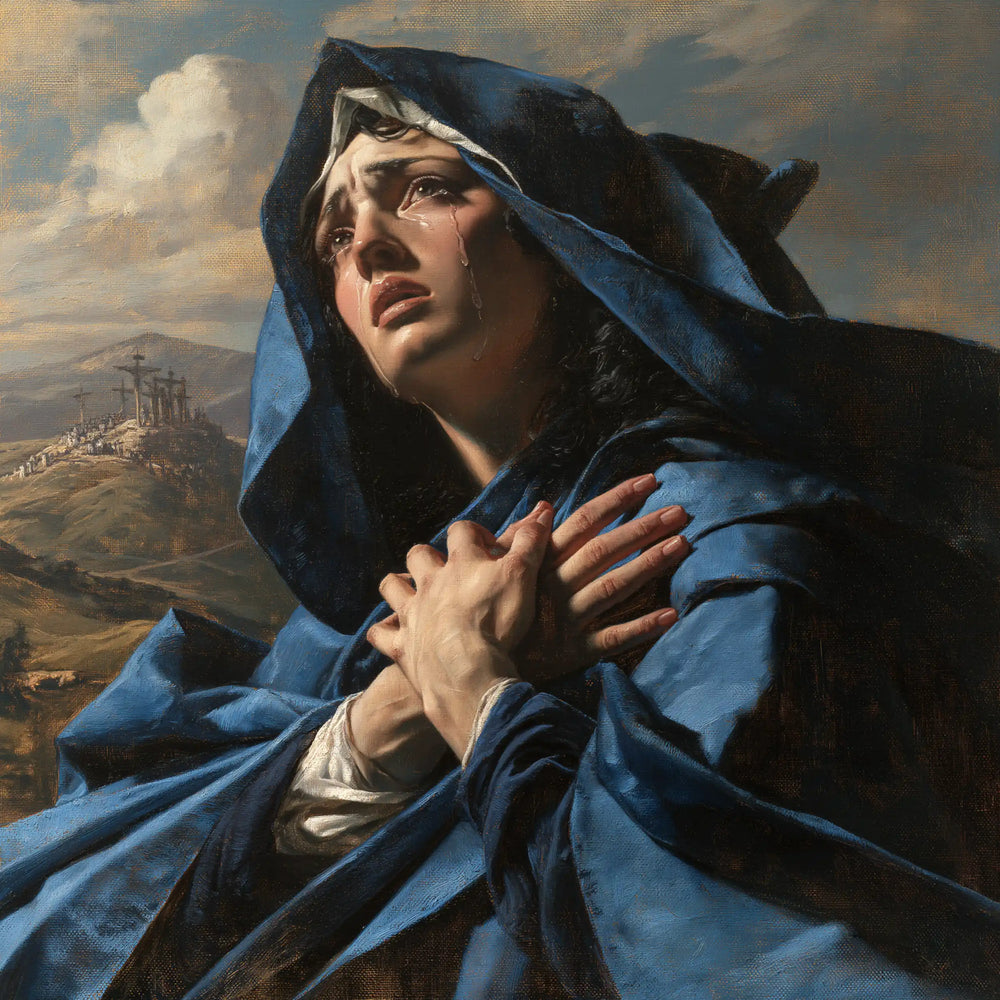 Mary experiencing profound maternal sorrow in Profound Maternal Sorrow style, square Christian artwork no. 2
