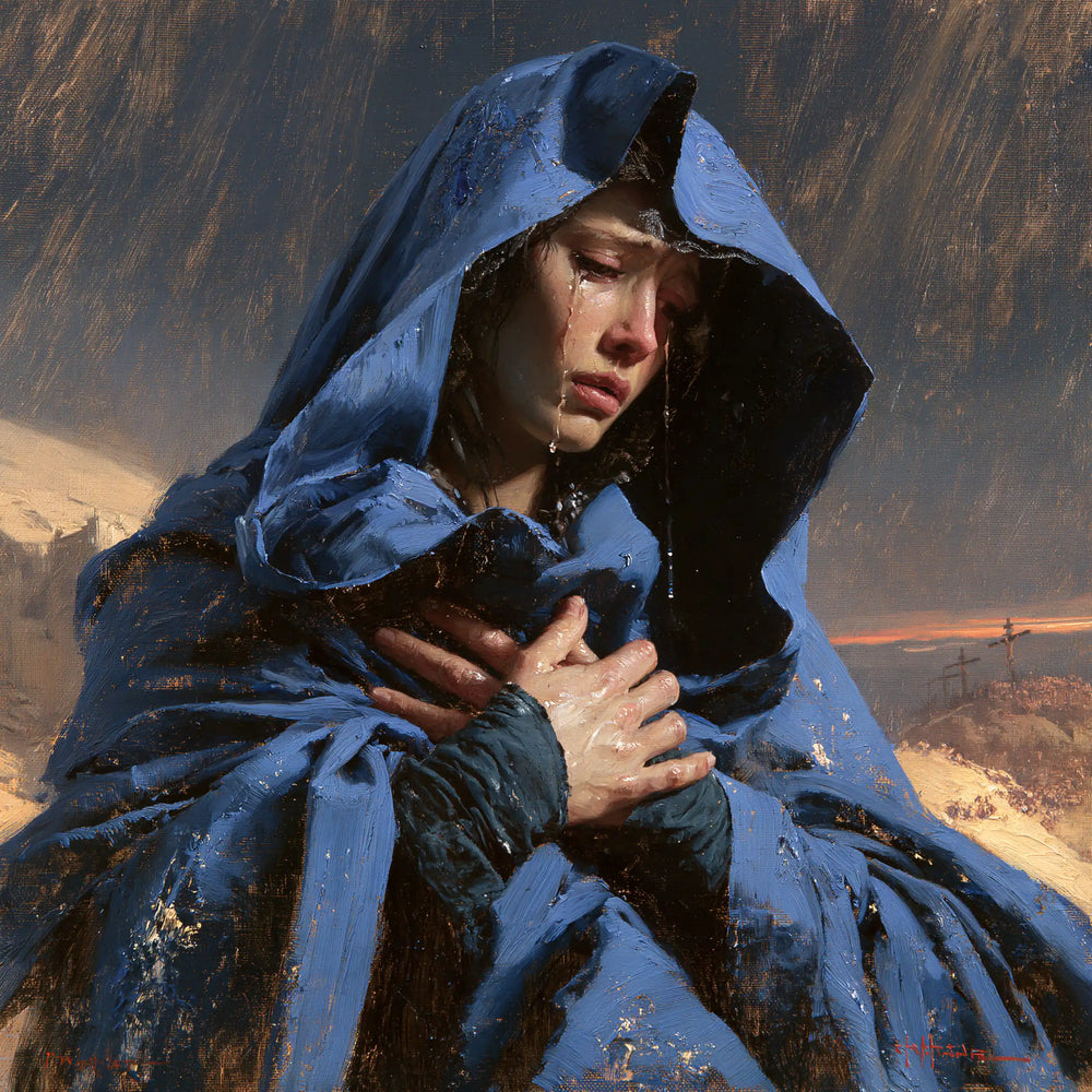 Mary experiencing profound maternal sorrow in Profound Maternal Sorrow style, square Christian artwork no. 3