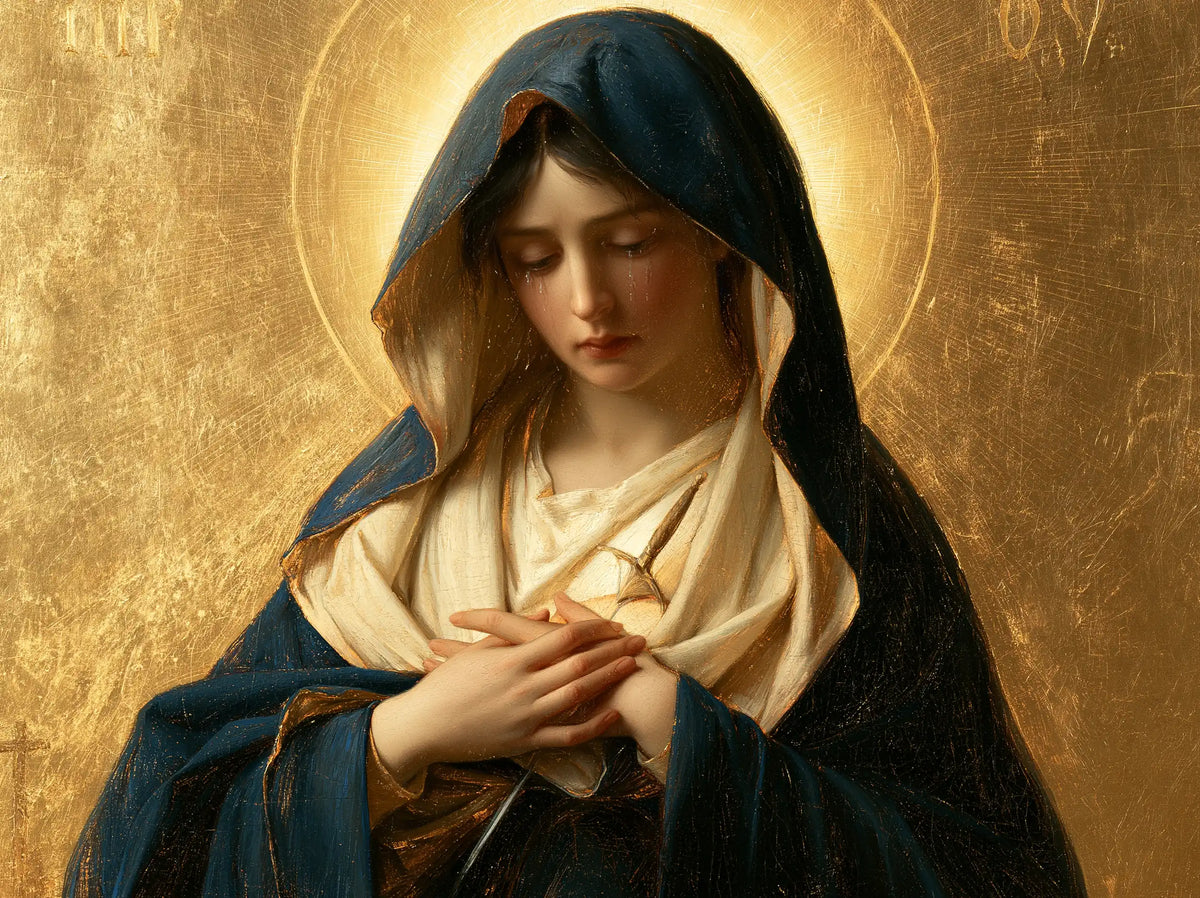 Our Lady of Sorrows in sacred golden light in Sacred Gold style, landscape Christian artwork no. 4