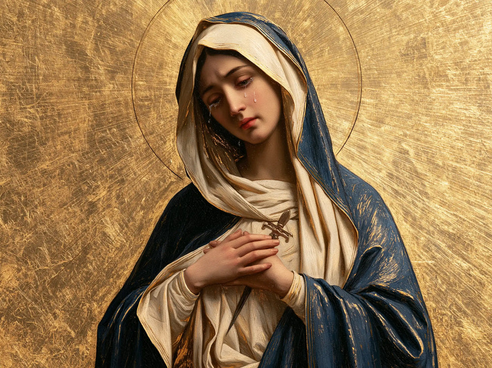 Our Lady of Sorrows in sacred golden light in Sacred Gold style, landscape Christian artwork no. 5