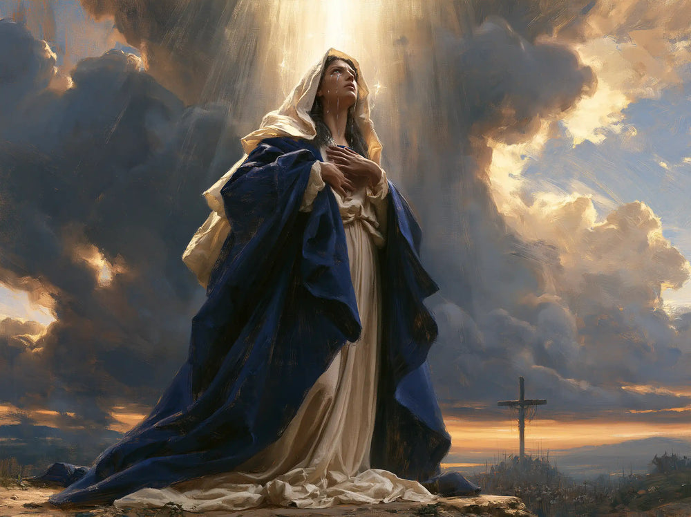 Our Lady of Sorrows in a monumental sacred view in Sacred Monumental View style, landscape Christian artwork no. 4