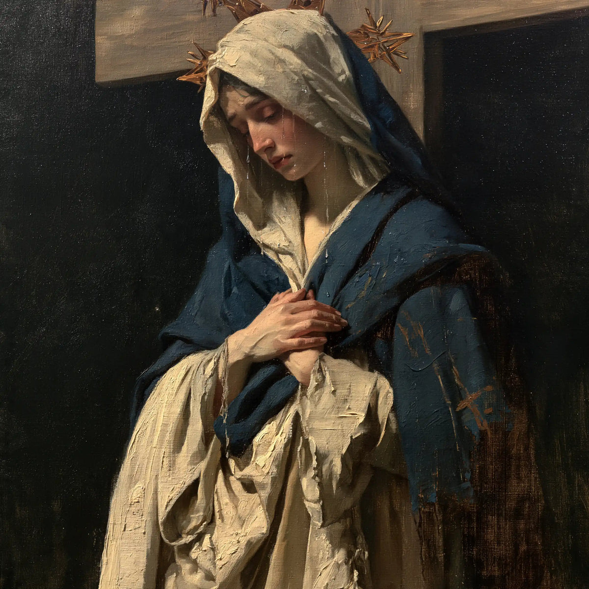 Our Lady of Sorrows in silent contemplation in The Silence of Mary style, square Christian artwork no. 2