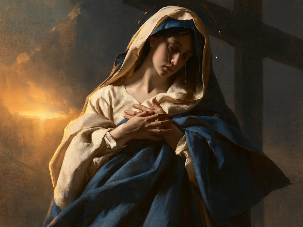Our Lady of Sorrows between grief and hope in Sorrow and Hope style, landscape Christian artwork no. 2