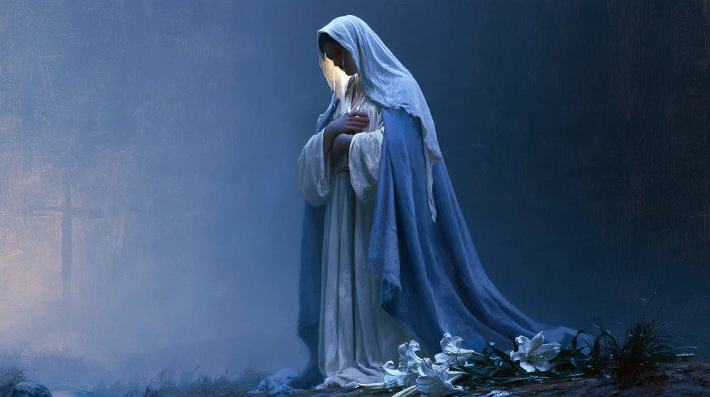 Our Lady of Sorrows in a symbolist composition in Symbolist style, landscape Christian artwork no. 9