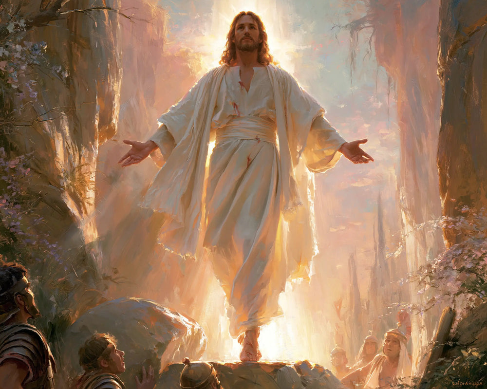 Resurrection of Jesus Christ in Divine Light style, landscape Christian artwork no. 6