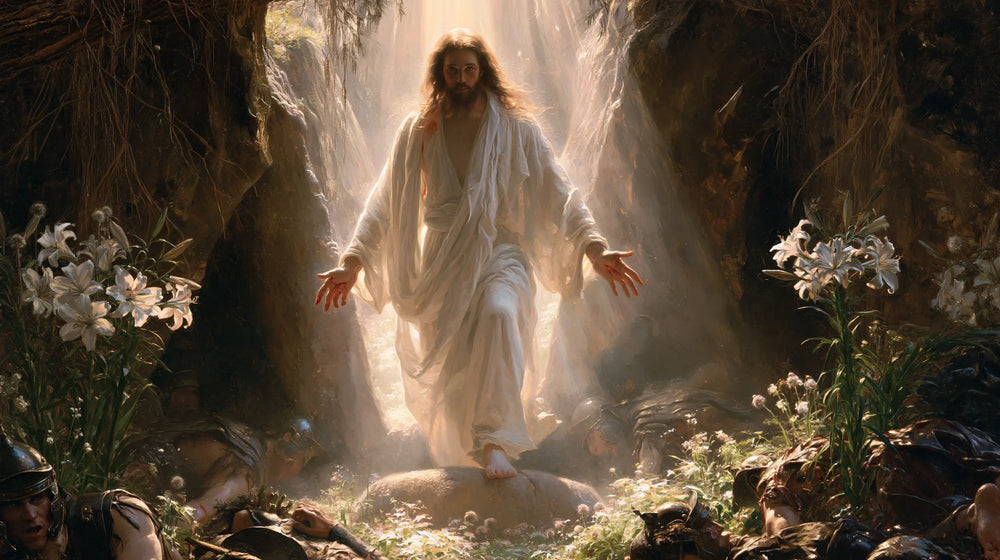 Resurrection of Jesus Christ in Expressionist style, landscape Christian artwork no. 16