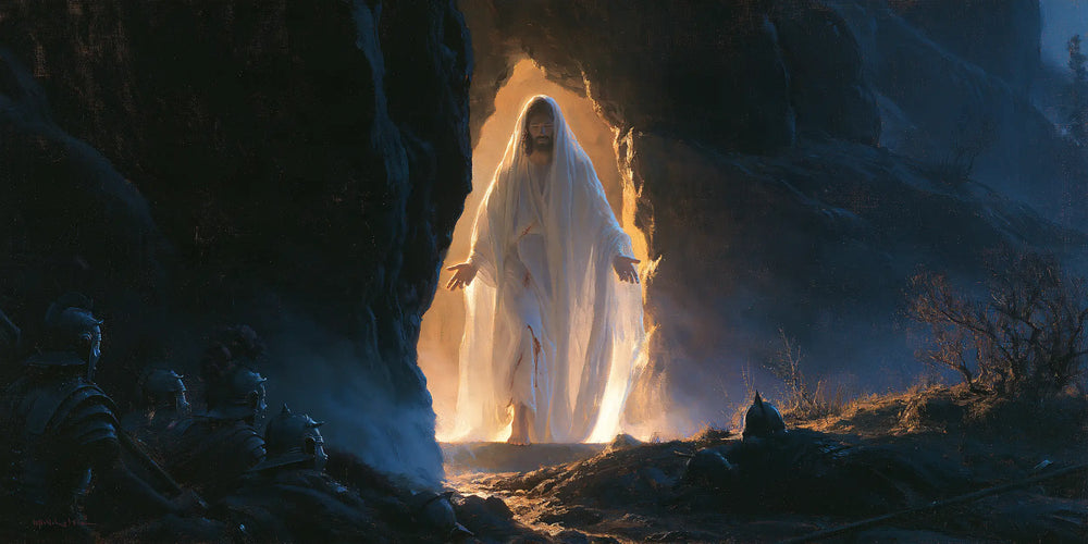 Resurrection of Jesus Christ in Midnight-blue Chiaroscuro style, landscape Christian artwork no. 21