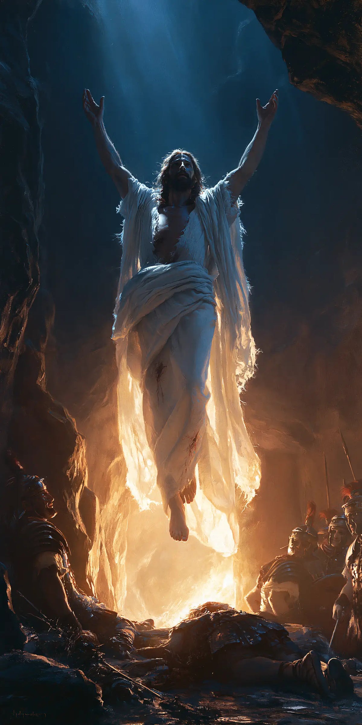 Resurrection of Jesus Christ in Midnight-blue Chiaroscuro style, portrait Christian artwork no. 2