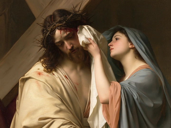 Saint Veronica and Jesus — The Sixth Station beneath the Dark Timber