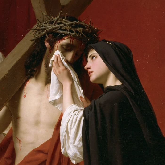 Saint Veronica and Jesus — Veronica and Christ in Crimson Stillness