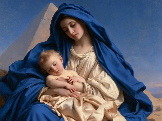 The Virgin Mary and Child Jesus — Deep Blue Mantle Around the Sleeping Child