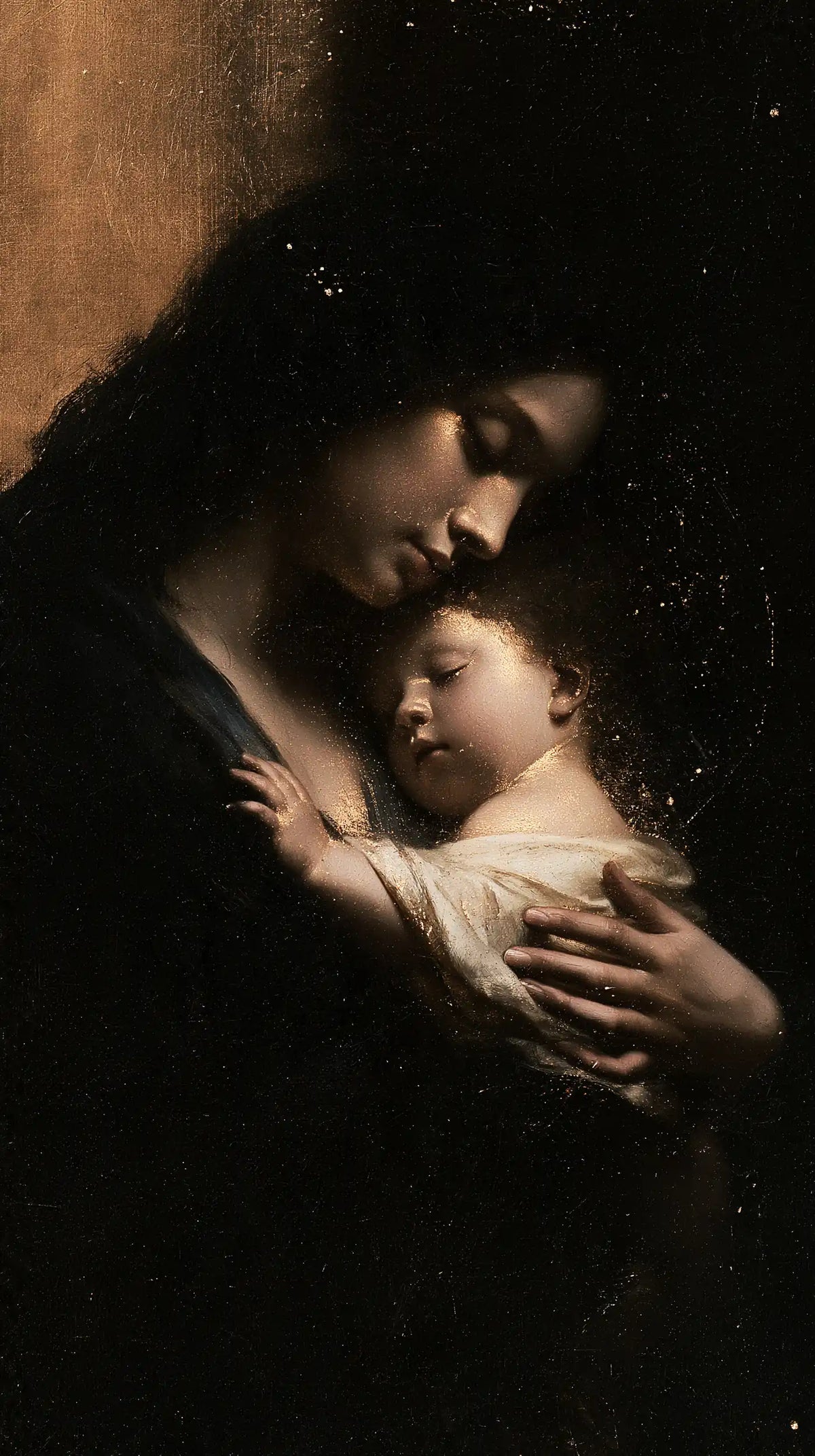 the Virgin Mary holding the Child Jesus in Black and Gold style, portrait Christian artwork no. 2