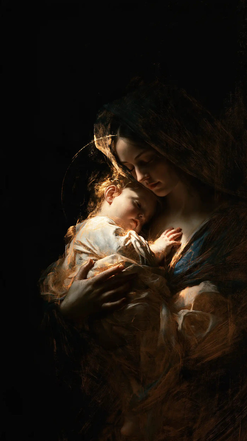 the Virgin Mary holding the Child Jesus in Black and Gold style, portrait Christian artwork no. 13