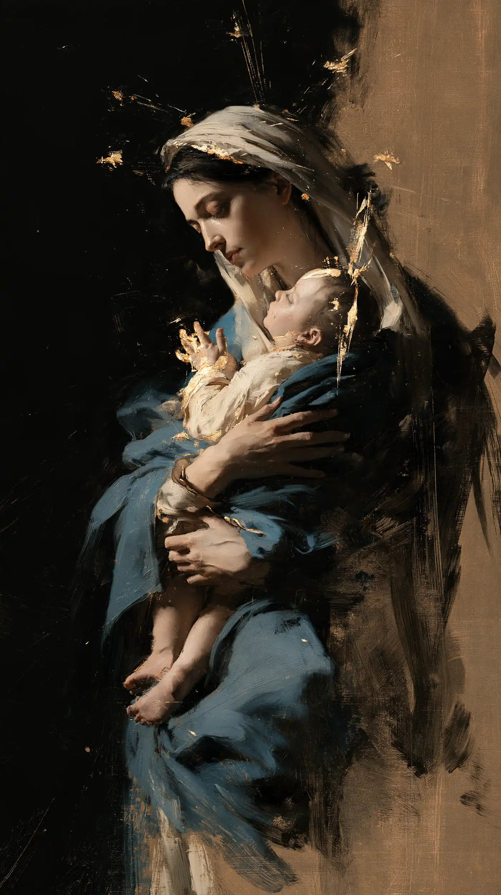 the Virgin Mary holding the Child Jesus in Black and Gold style, portrait Christian artwork no. 16