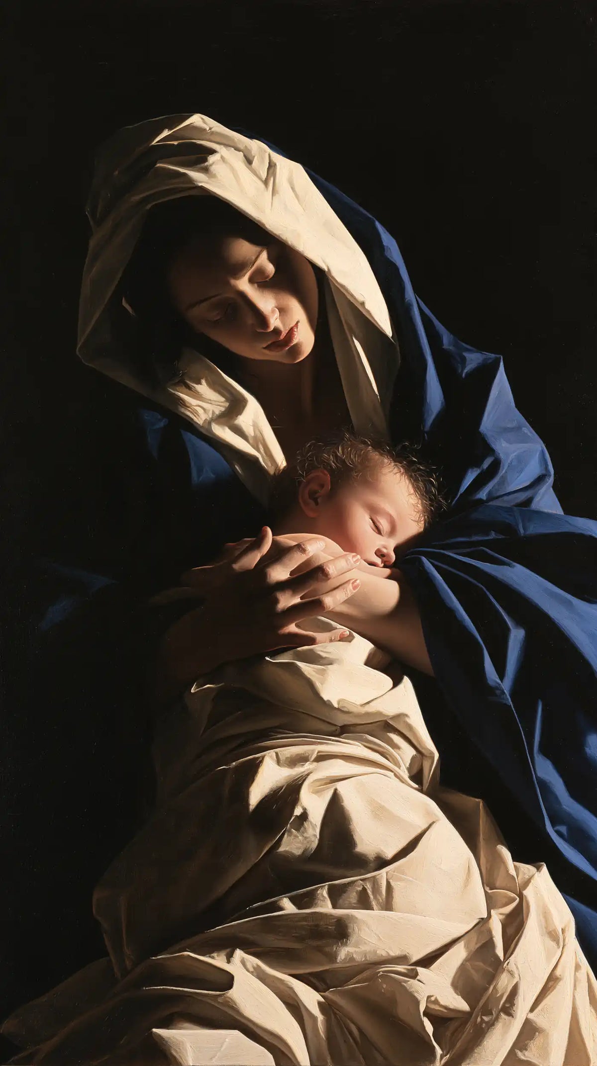 the Virgin Mary holding the Child Jesus in Caravaggio Tenebrism style, portrait Christian artwork no. 13
