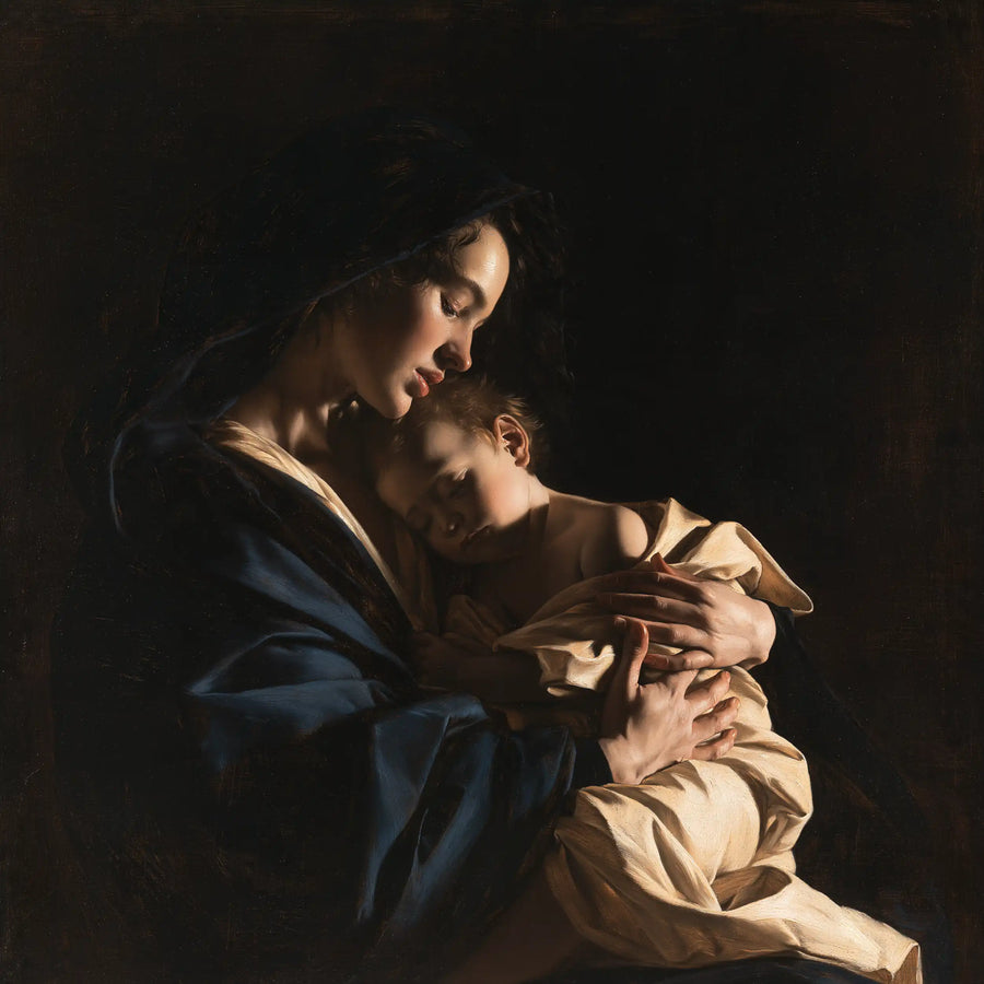 Virgin Mary and Child Jesus - Caravaggio Tenebrism · Square n° 7