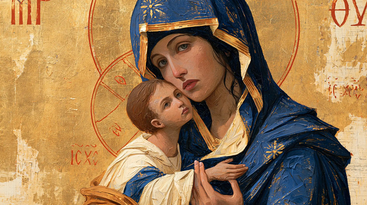 the Virgin Mary and the Child Jesus in Contemporary Byzantine style, landscape Christian artwork no. 11
