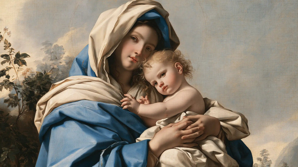the Virgin Mary with the Child Jesus in Florentine Renaissance style, landscape Christian artwork no. 21