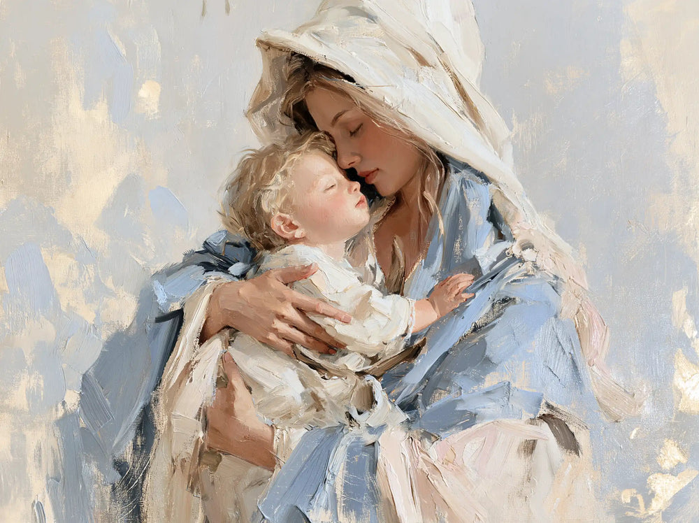 the Virgin Mary and the Child Jesus together in Impressionist style, landscape Christian artwork no. 6
