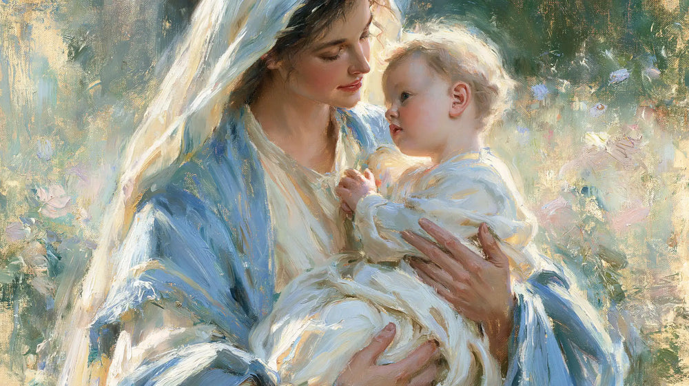 the Virgin Mary and the Child Jesus together in Impressionist style, landscape Christian artwork no. 11