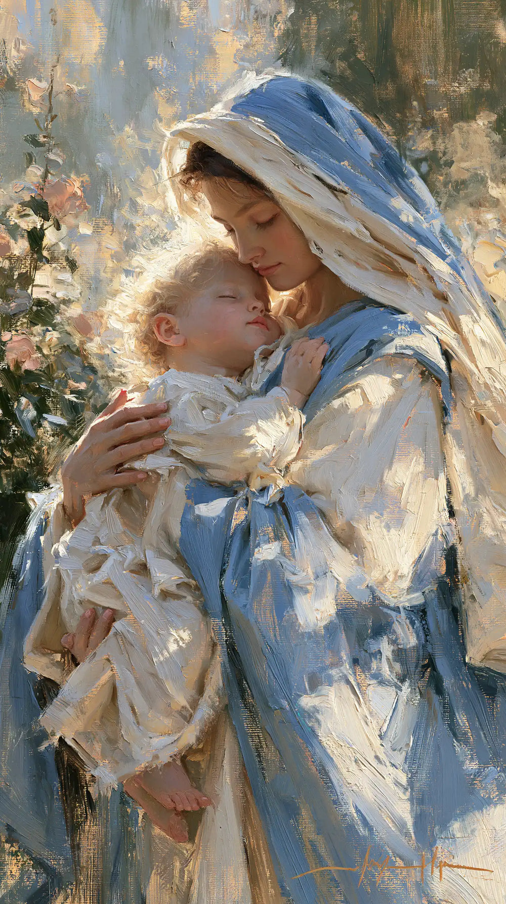the Virgin Mary and the Child Jesus together in Impressionist style, portrait Christian artwork no. 5
