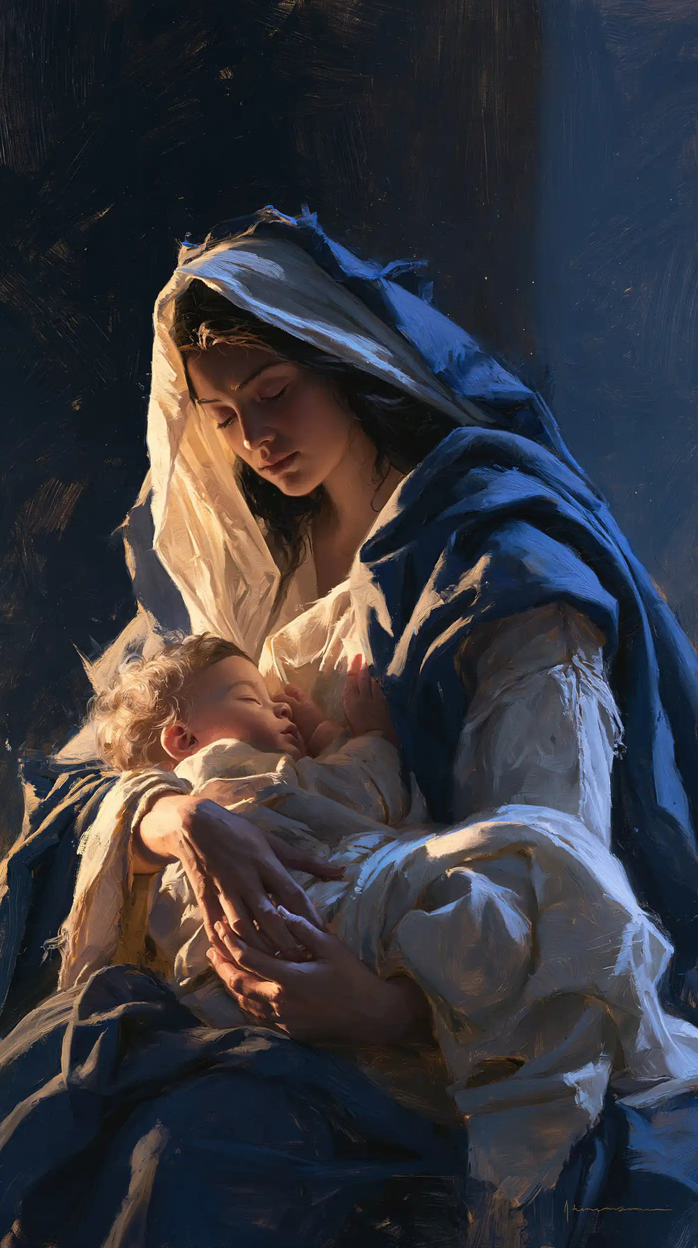 the Virgin Mary and the Child Jesus in Midnight Blue Chiaroscuro style, portrait Christian artwork no. 10