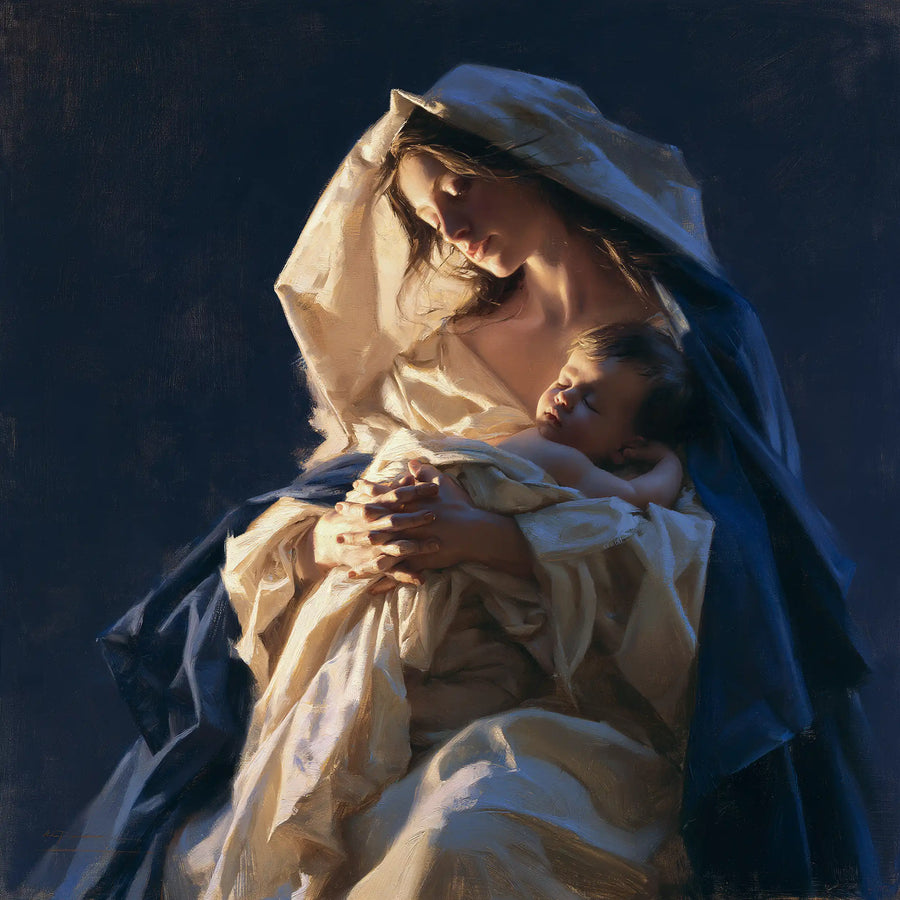 Virgin Mary and Child Jesus - Midnight Blue Chiaroscuro · Square n° 1